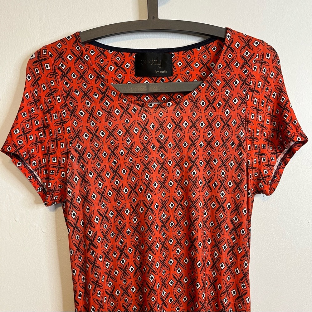 Anthropologie Priddy by Puella Bohemian Casual Shift Dress Red Orange Navy M EUC - Picture 4 of 7